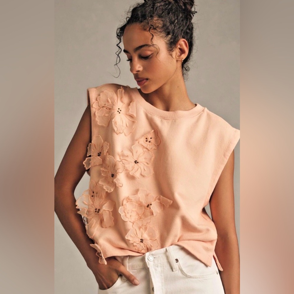 ANTHROPOLOGIE Floral Appliqué Knit Top - Orange  XL Ptp 24”